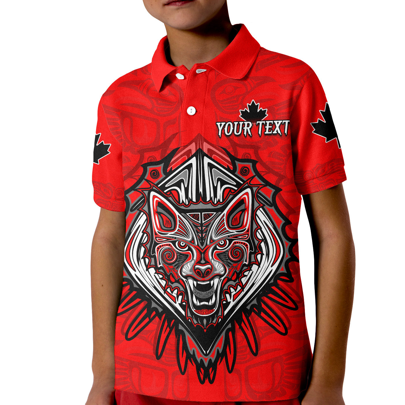 custom-personalised-canada-maple-leaf-polo-shirt-kid-red-haida-wolf