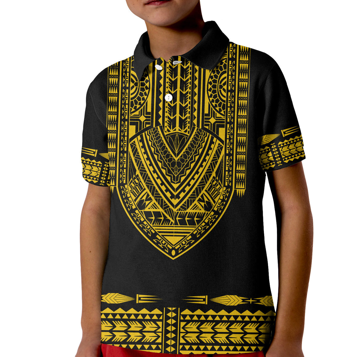Custom Polynesian Polo Shirt KID Dashiki With Polynesian Tattoo Royal Golden Version - Wonder Print Shop