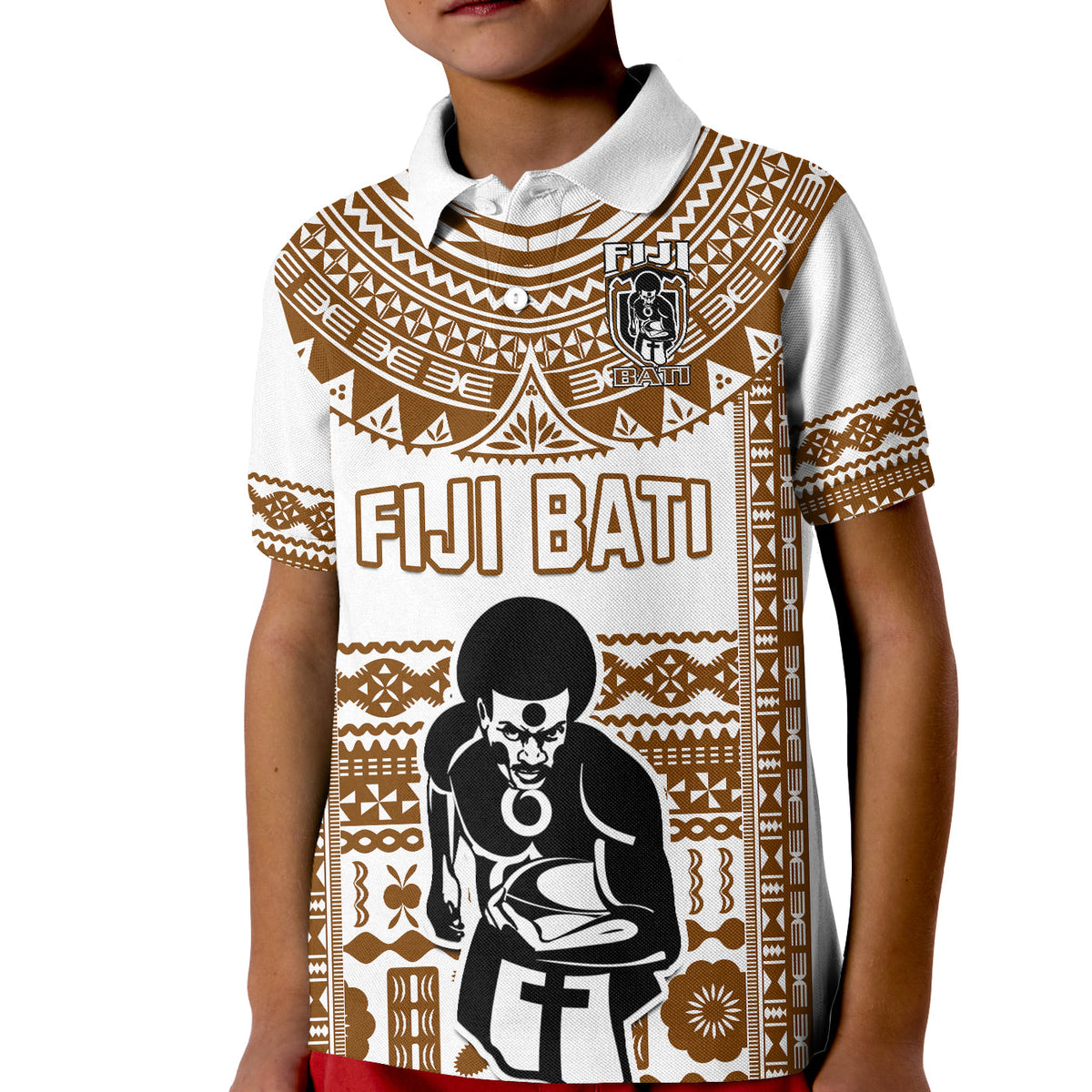 Rugby polo shirt, white with brown tapa pattern, FIJI BATI text and black figure