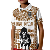 Rugby polo shirt, white with brown tapa pattern, FIJI BATI text and black figure