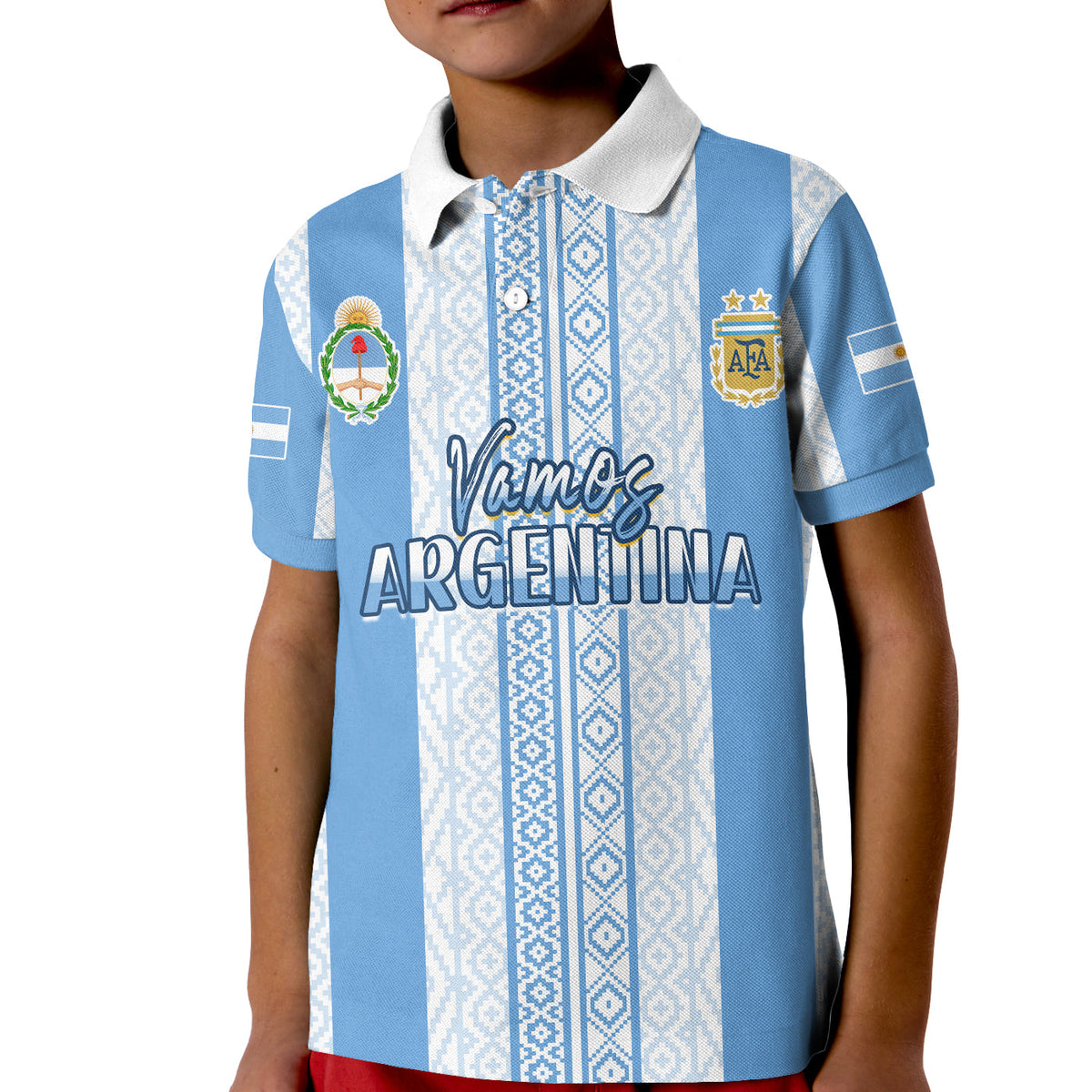 Kids football polo shirt in light blue/white stripes, collared, Argentina front text graphic