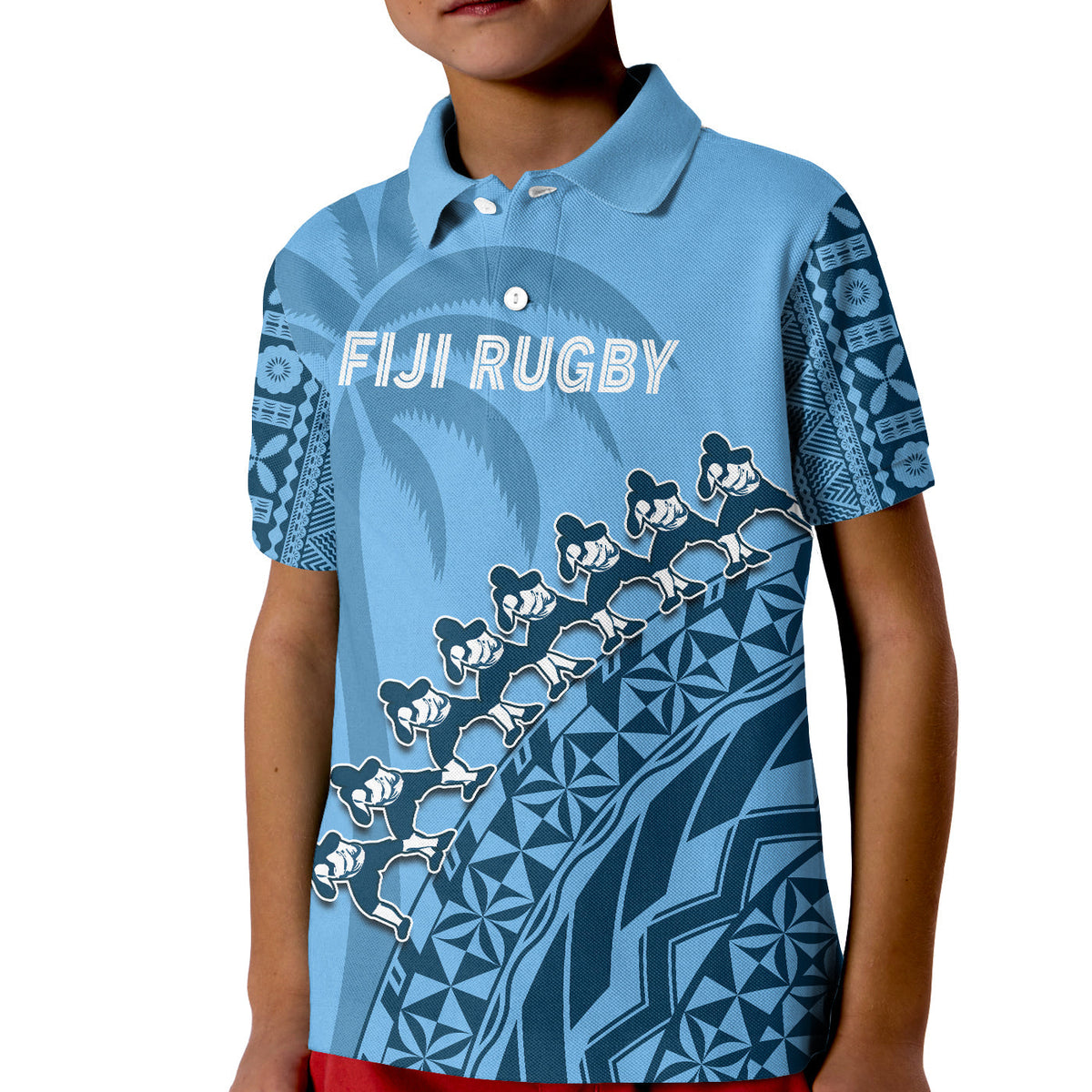 Custom Text And Number Fiji Tapa Rugby Polo Shirt Fijian Cibi Dance Tapa Pattern Blue - Wonder Print Shop