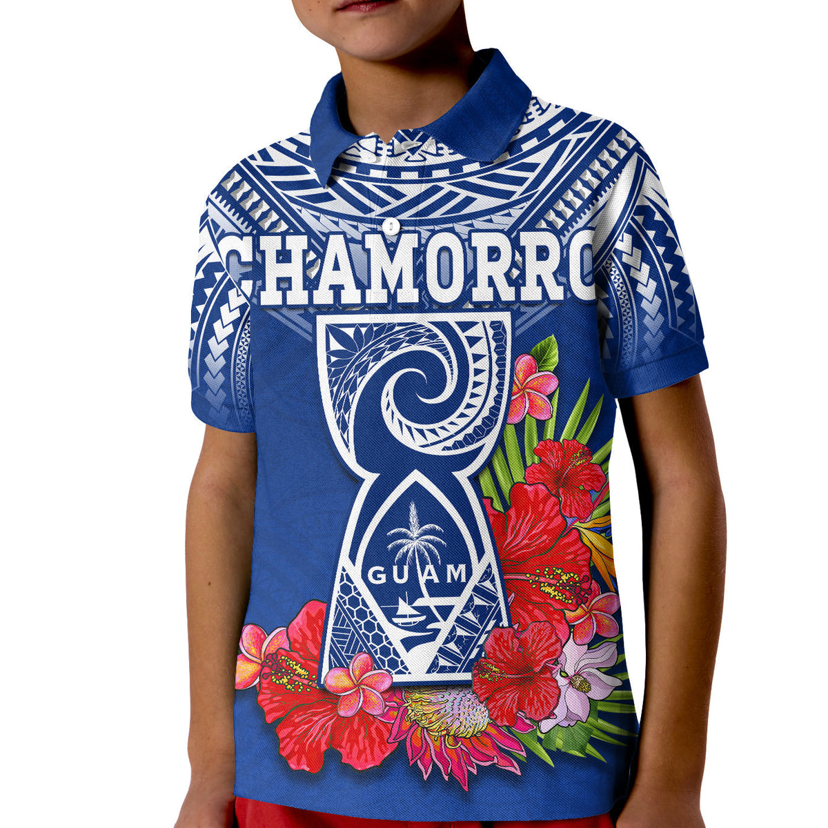 Custom Chamorro Guam Polo Shirt KID Guaman Latte Stone Tropical Flowers Blue Version - Wonder Print Shop