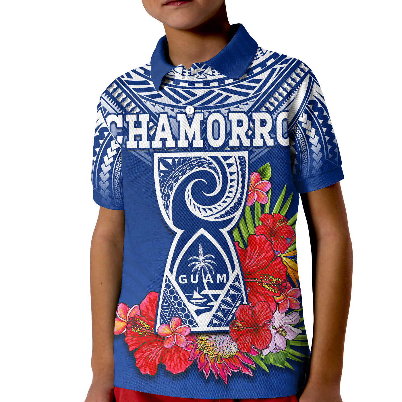 Custom Chamorro Guam Polo Shirt KID Guaman Latte Stone Tropical Flowers Blue Version - Wonder Print Shop