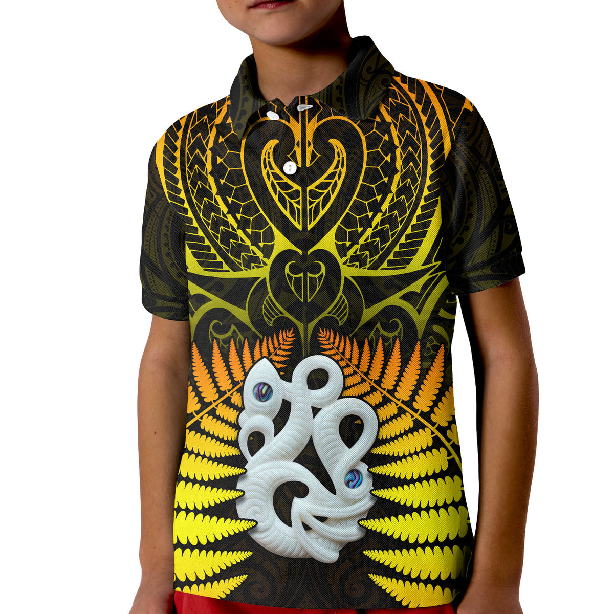 (Custom Text and Number) Aotearoa Fern Polo Shirt KID New Zealand Hei Tiki Gold Style LT13 - Wonder Print Shop