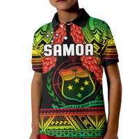 Kids rugby polo shirt, black with green-yellow-red crest and stripe graphics