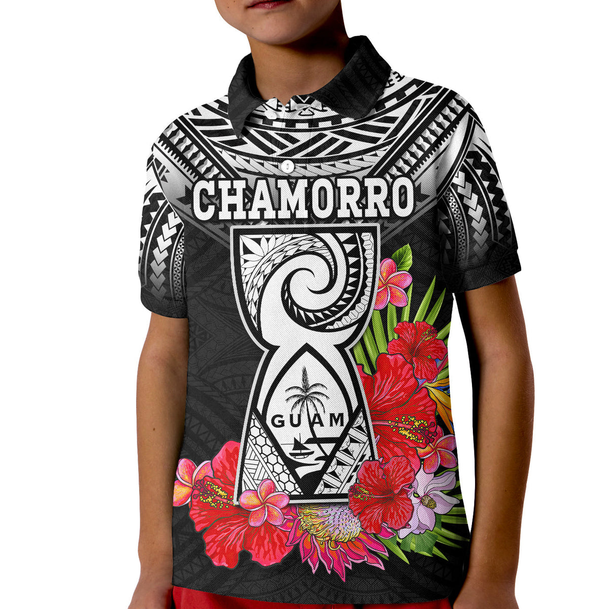 Custom Chamorro Guam Polo Shirt KID Guaman Latte Stone Tropical Flowers Black Style - Wonder Print Shop