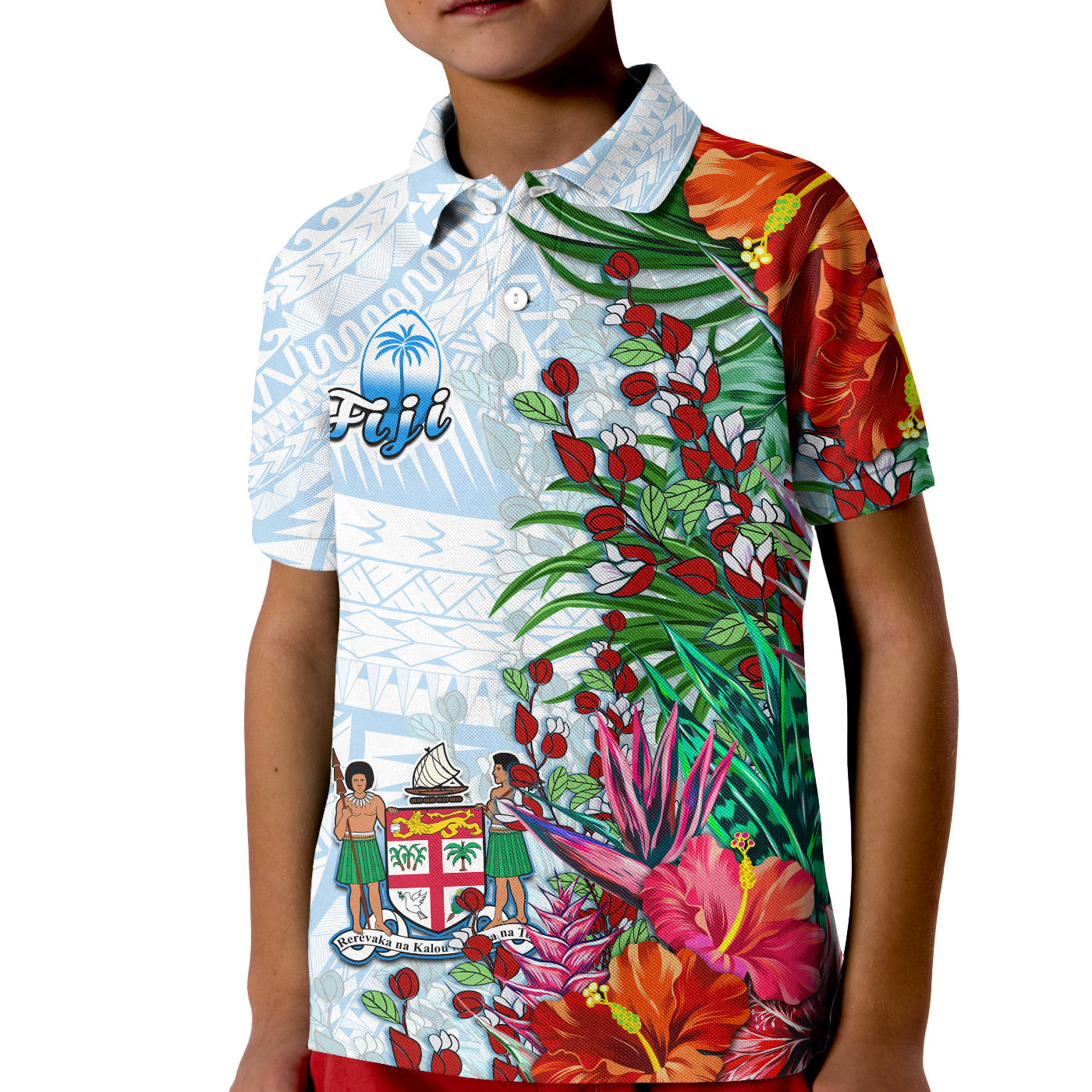 Fiji Polo Shirt KID Proud Fijian Tapa mix Tagimoucia Flowers LT13 - Wonder Print Shop