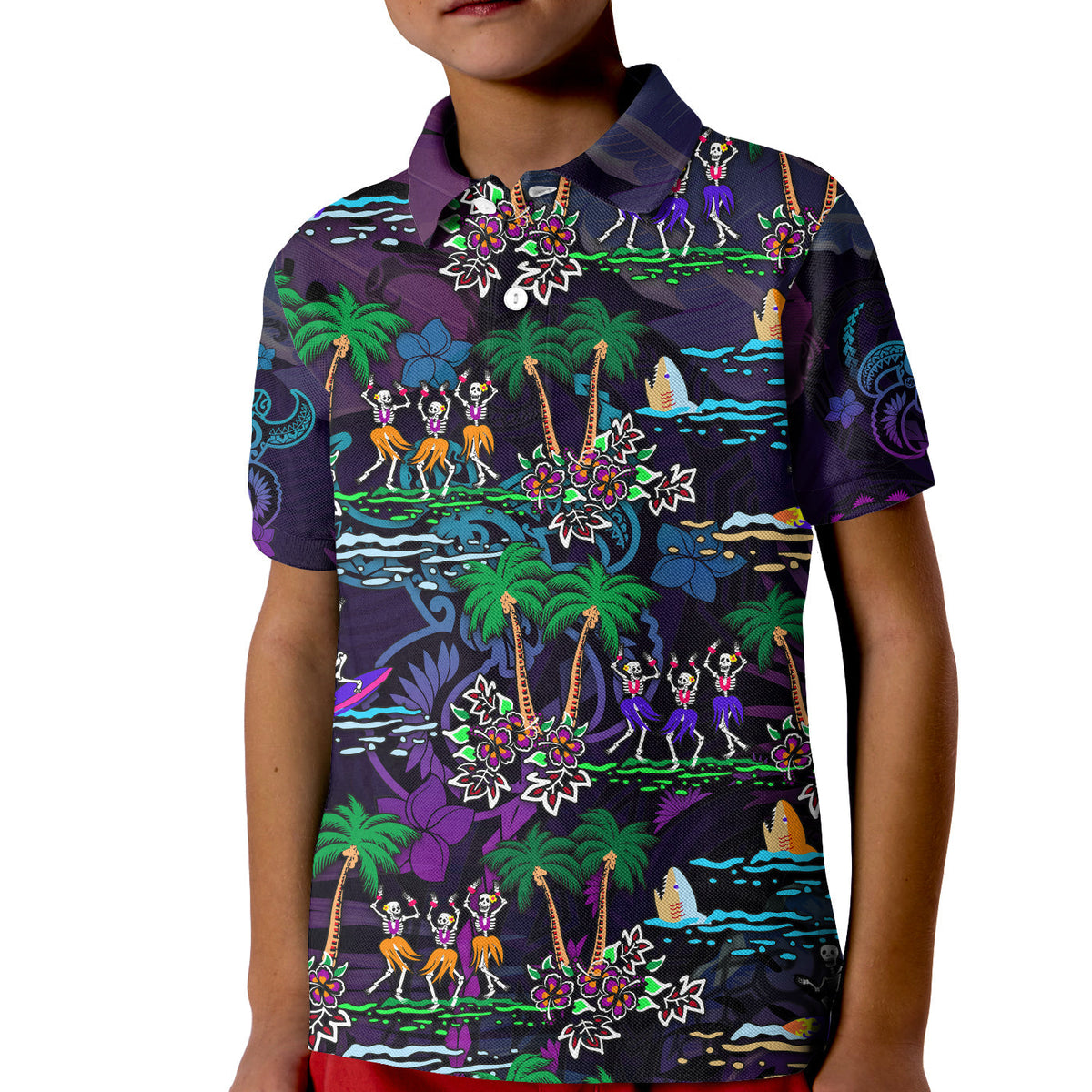 Hawaii Skeleton Dancing Polo Shirt KID Halloween Hawaiian Turtle LT13 - Wonder Print Shop