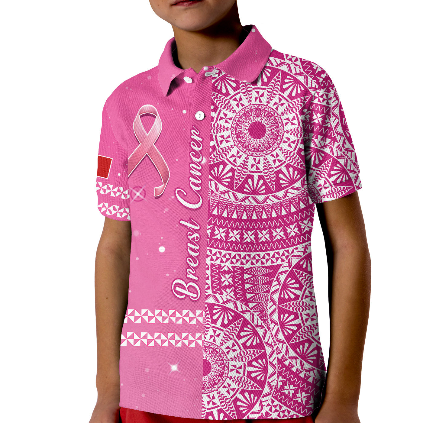 Tonga Breast Cancer Polo Shirt KID Tongan Ngatu Pattern No One Fights Alone - Wonder Print Shop