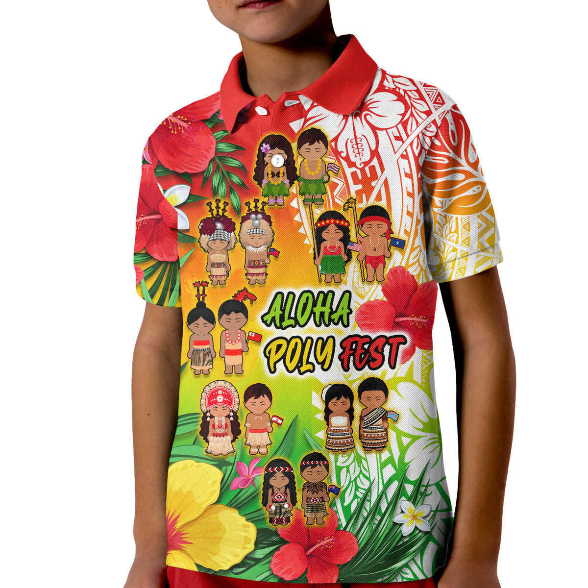 Custom Aloha Poly Fest Polo Shirt KID Polynesian Pattern With Tropical Flowers - Wonder Print Shop