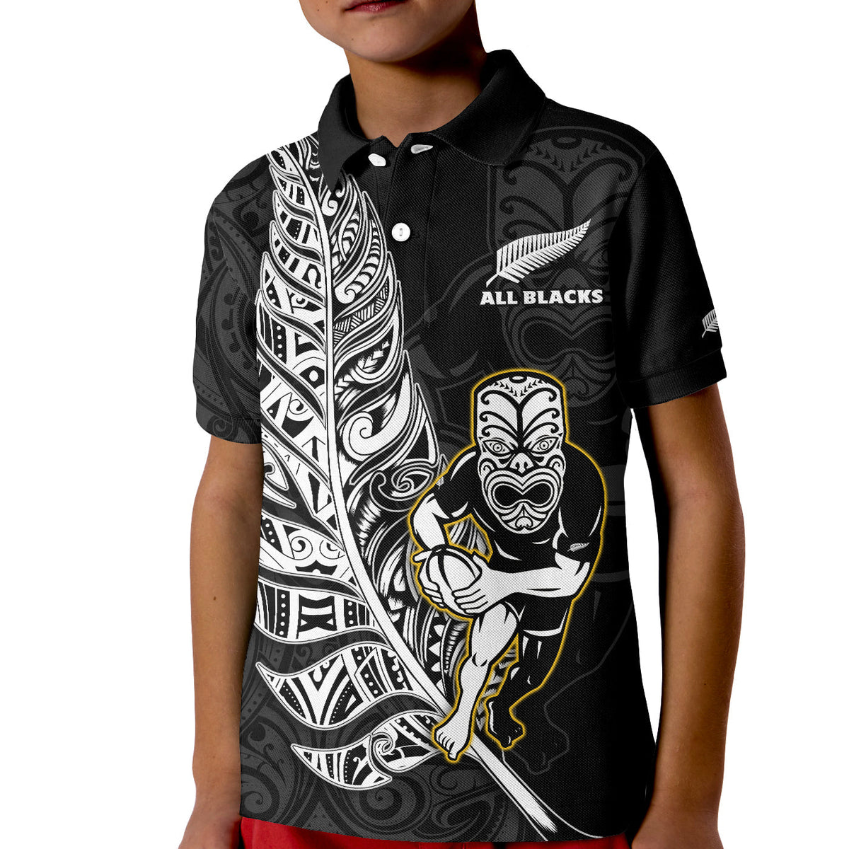 New Zealand 2022 Rugby Polo Shirt All Black Silver Fern Maori Pattern Version Black - Wonder Print Shop