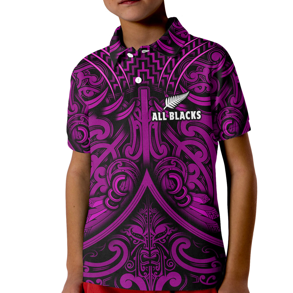 Purple rugby polo shirt with All Blacks crest, Maori-style print, short sleeves, button placket