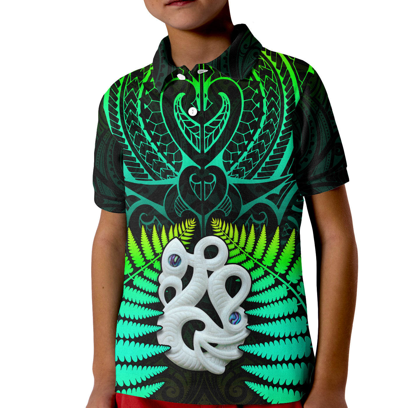 custom-text-and-number-aotearoa-fern-polo-shirt-kid-new-zealand-hei-tiki-green-style