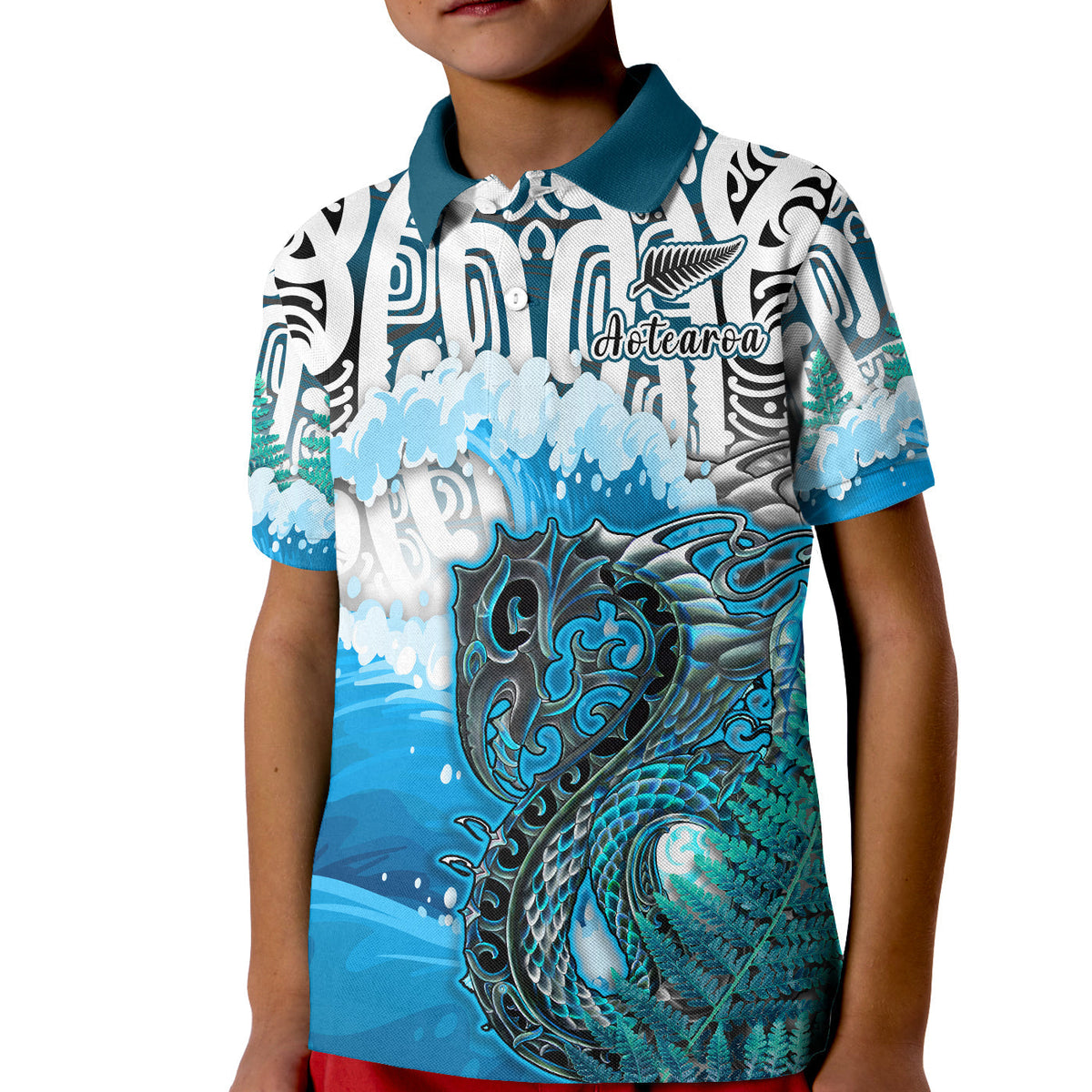 Custom Manaia Maori Polo Shirt Fern Aotearoa Blue Waves LT13 - Wonder Print Shop