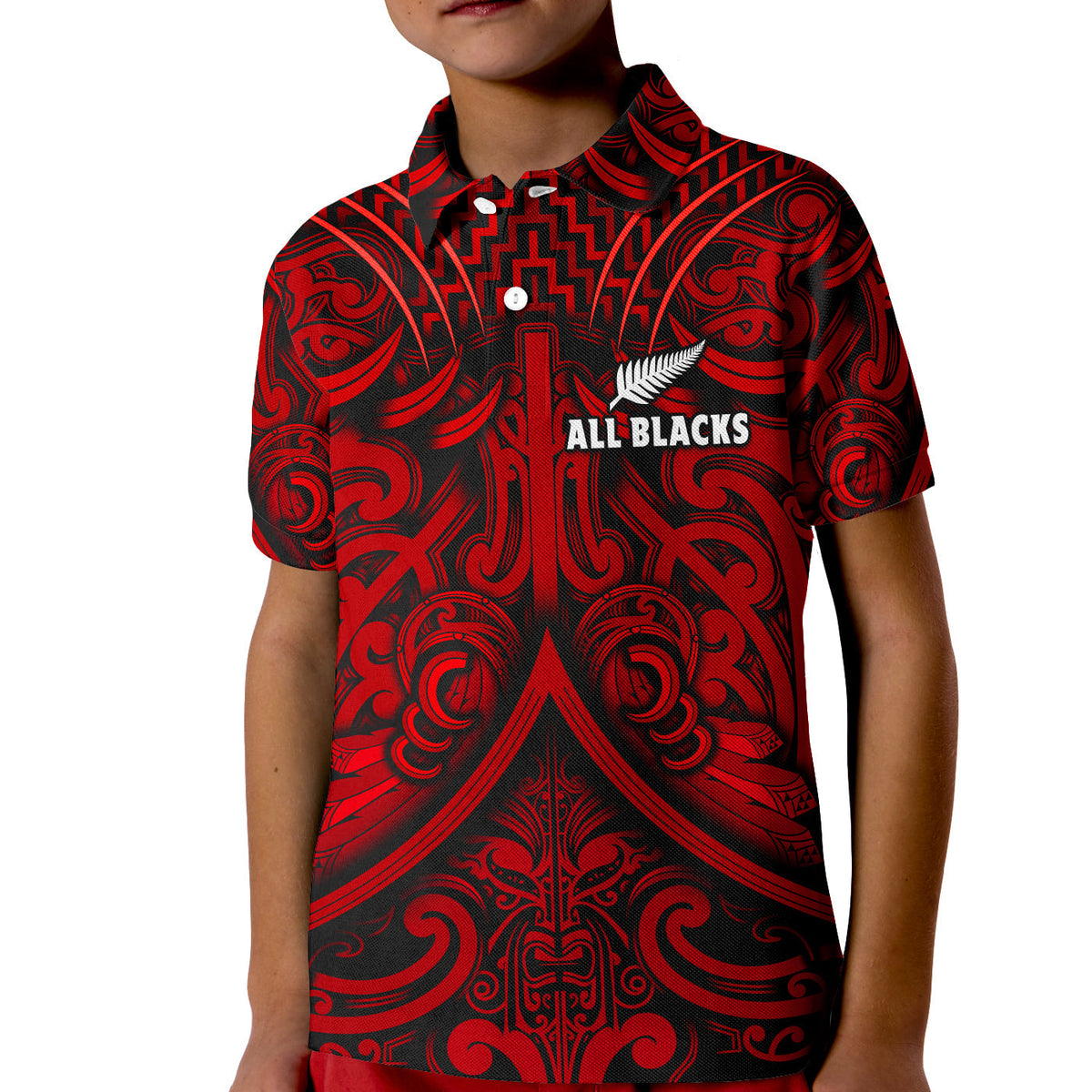 New Zealand Silver Fern Rugby Polo Shirt All Black Red NZ Maori Pattern LT13 - Wonder Print Shop