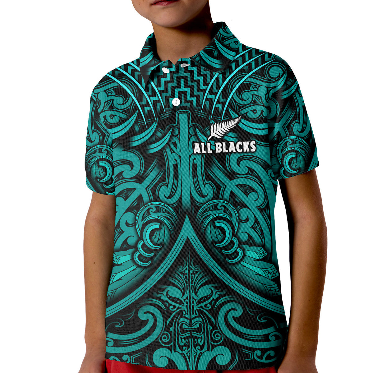 Custom Text and Number New Zealand Silver Fern Rugby Polo Shirt KID All Black Turquoise NZ Maori Pattern LT13 - Wonder Print Shop