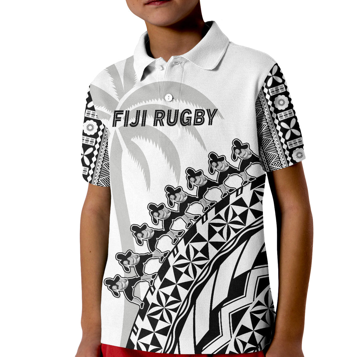 Fiji Rugby Polo Shirt KID Fijian Cibi Dance Tapa Pattern White - Wonder Print Shop