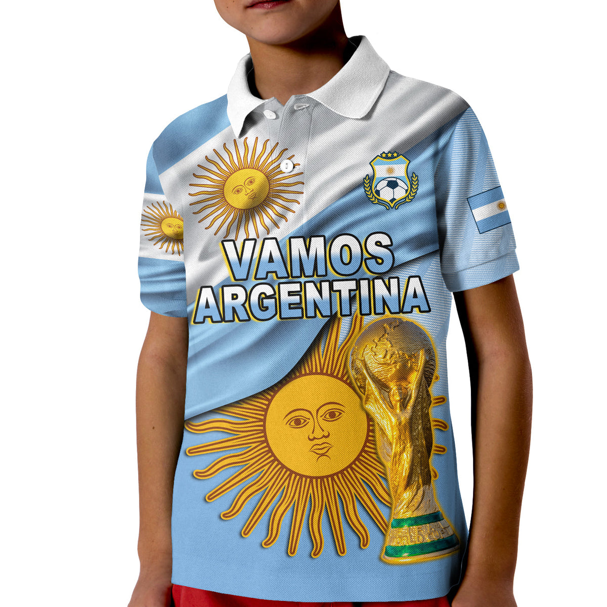 Blue football polo shirt for kids with white collar; 'VAMOS ARGENTINA' sun and trophy print