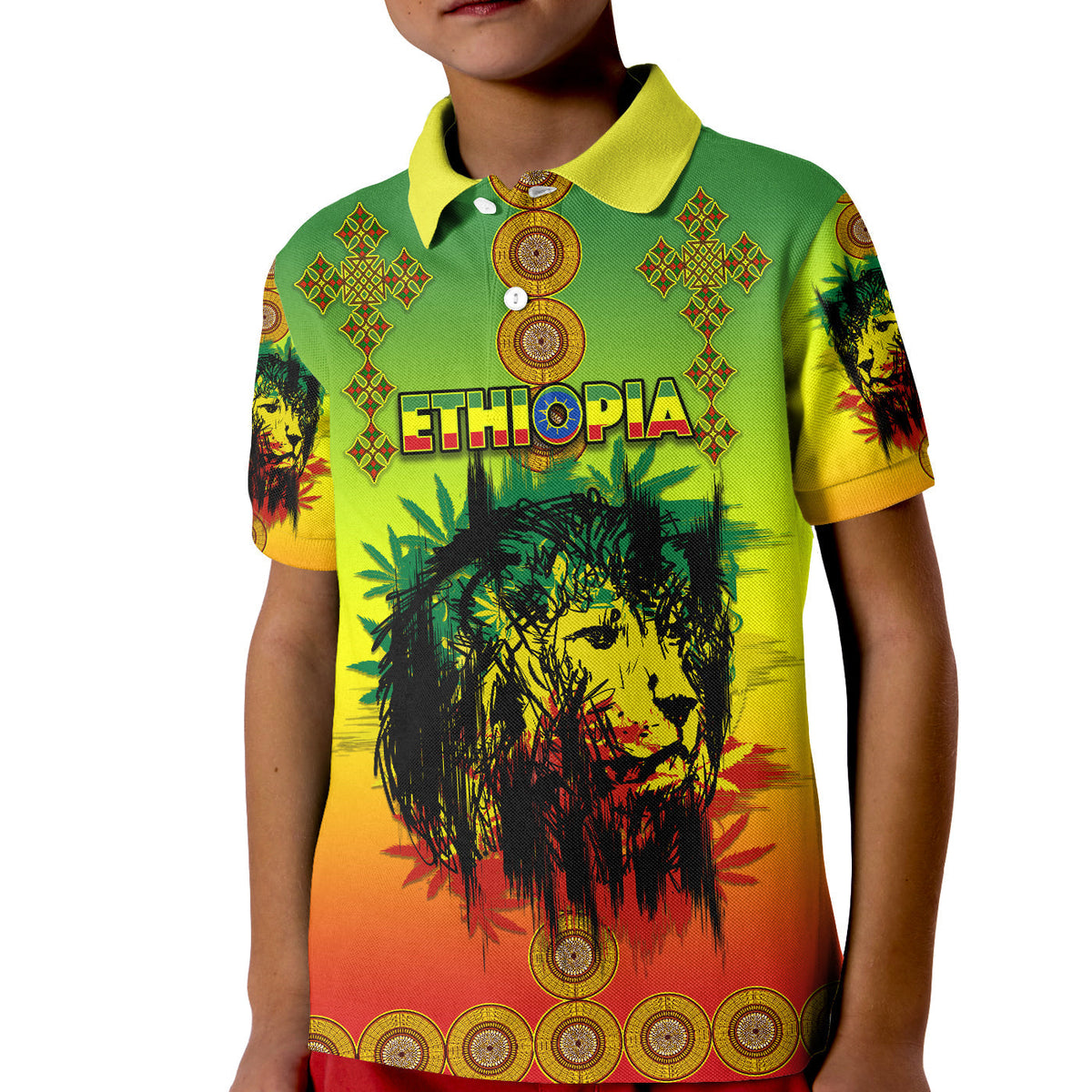 Ethiopia Polo Shirt KID Cross Mix Lion Colorful Style - Wonder Print Shop