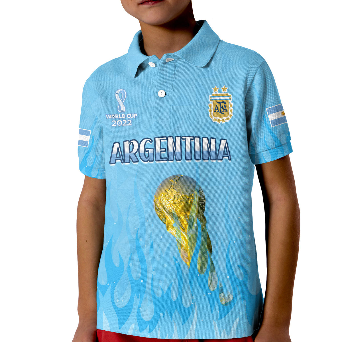 (Custom Text and Number) Argentina Football Polo Shirt Vamos Sky Champions World Cup Fire LT13 - Wonder Print Shop