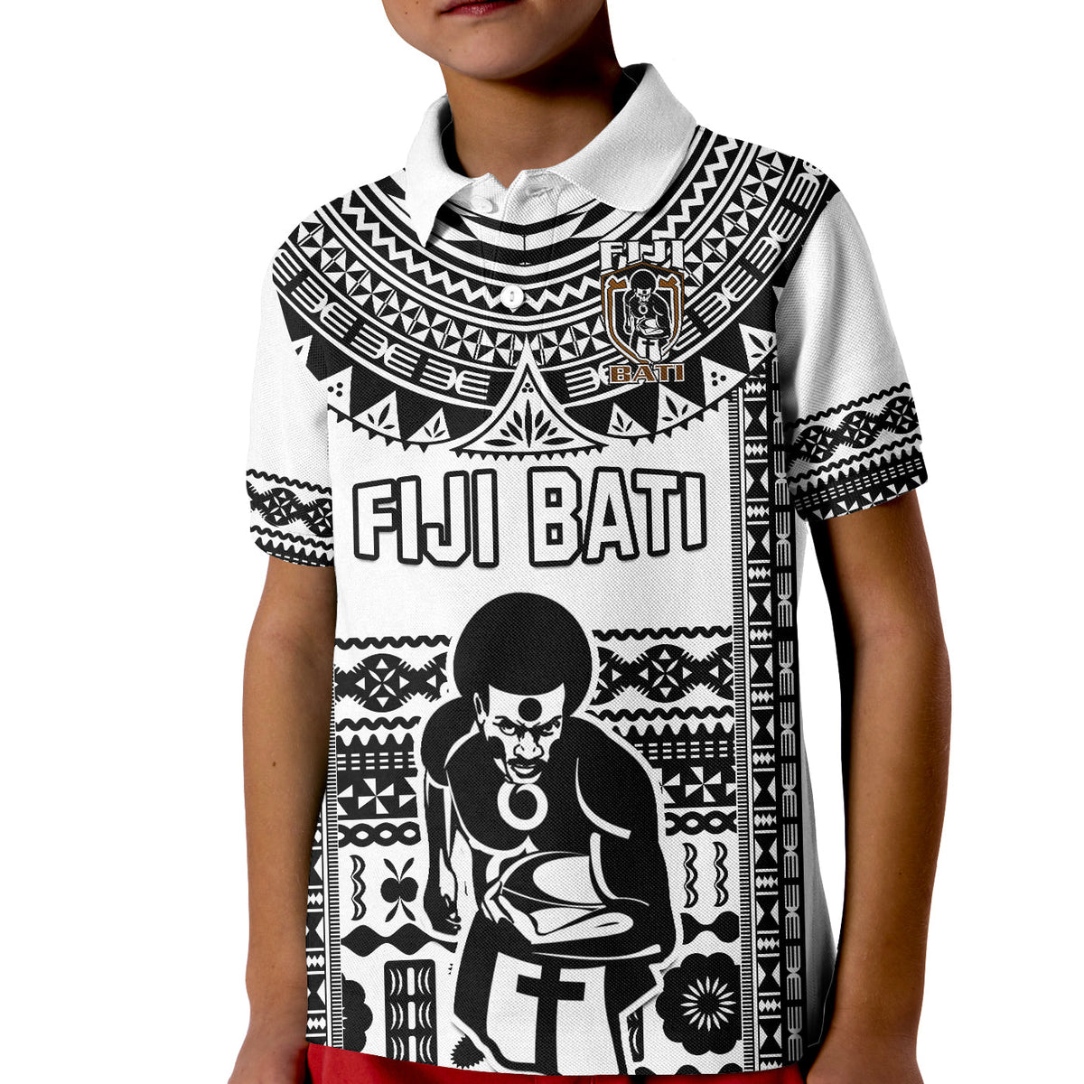 Kids rugby polo shirt front view, black-and-white tribal print with 'FIJI BATI' text and crest