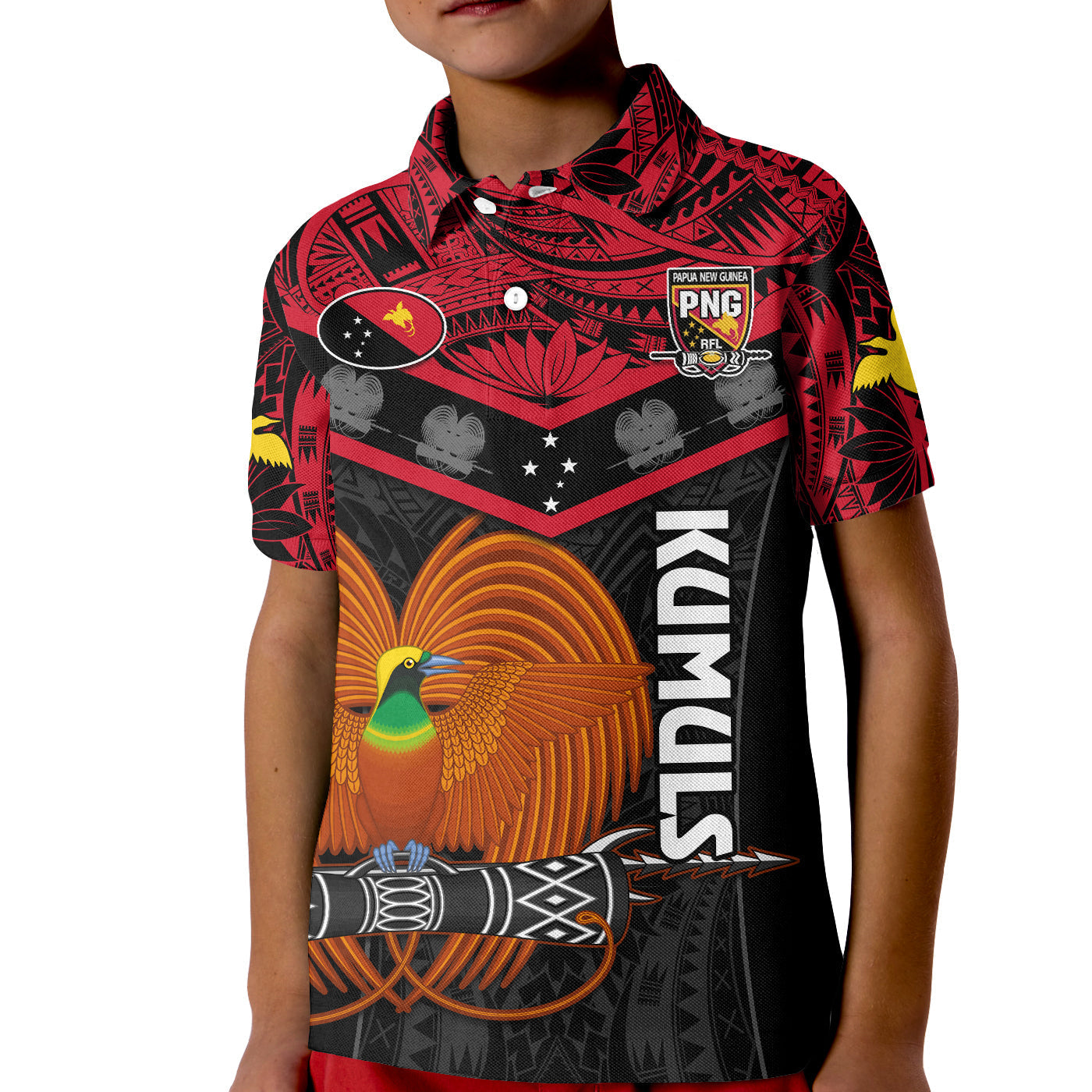 Papua New Guinea Rugby Polo Shirt KID PNG Kumuls Bird Of Paradise Black - Wonder Print Shop