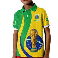 Kids polo shirt in green and yellow with trophy graphic and Brasil crest on chest