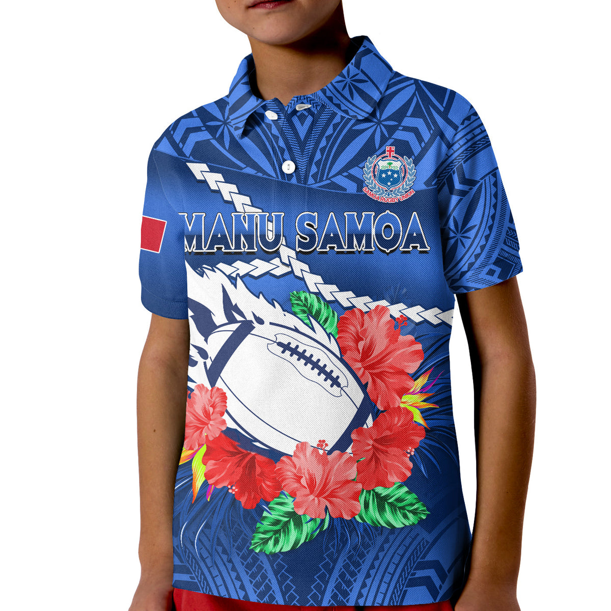 Youth blue rugby polo front: Manu Samoa logo over floral rugby-ball graphic