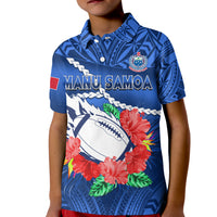 Youth blue rugby polo front: Manu Samoa logo over floral rugby-ball graphic