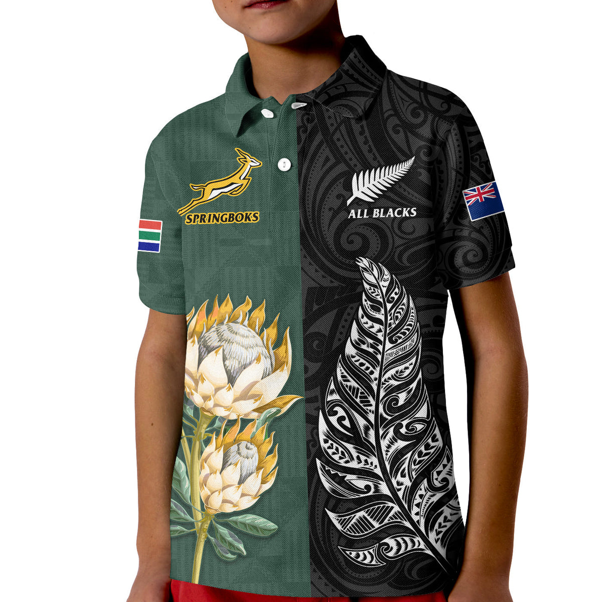 South Africa Protea and New Zealand Fern Polo Shirt KID Rugby Go Springboks vs All Black LT13 - Wonder Print Shop