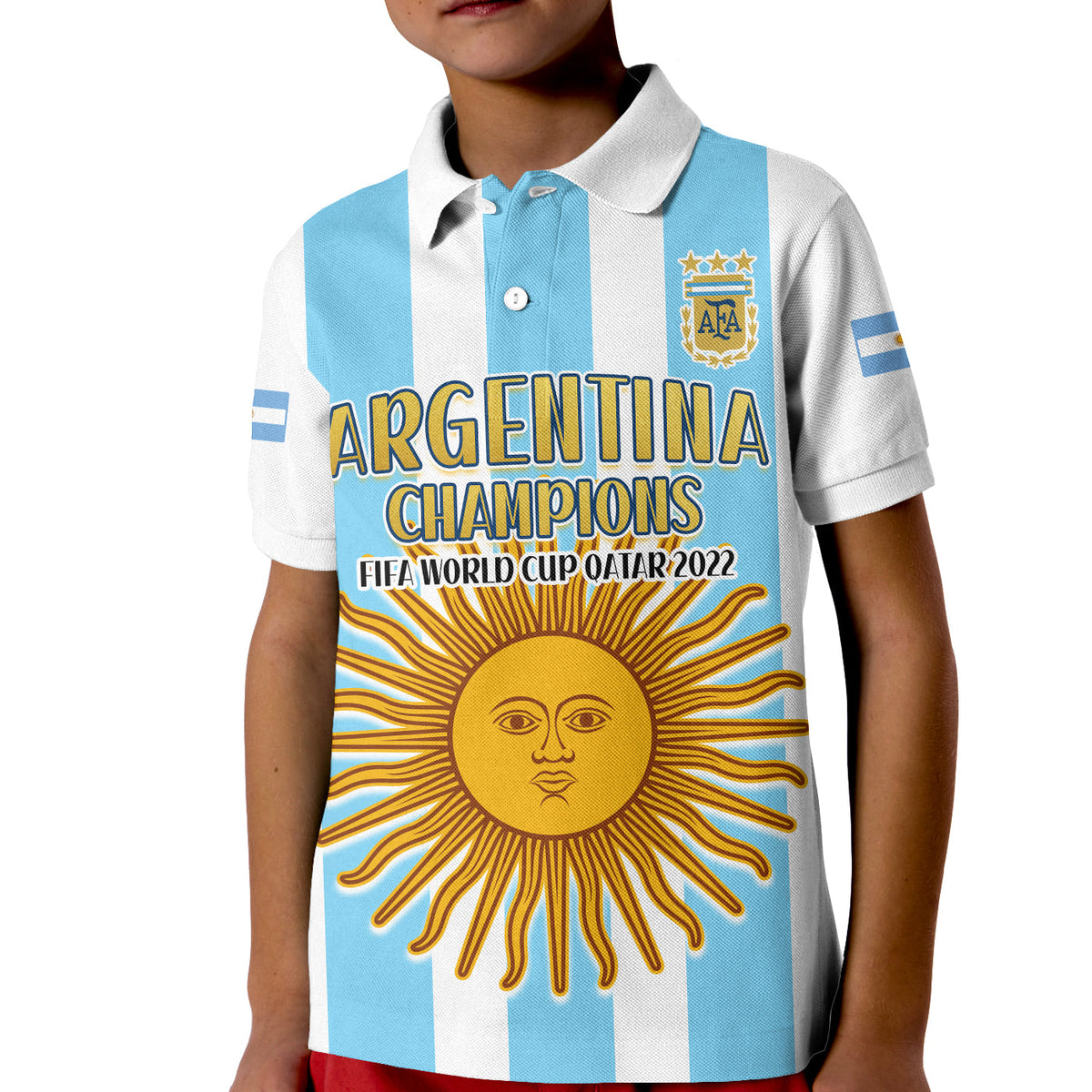 Kids Argentina polo shirt, blue-white stripes, front print 'ARGENTINA CHAMPIONS' and sun