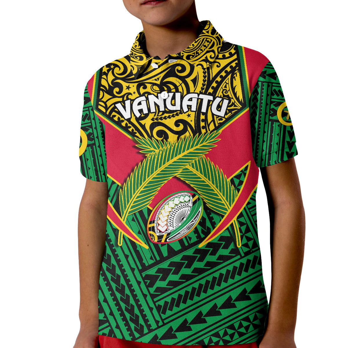 Custom Vanuatu Rugby Polo Shirt KID Coat Of Arms Polynesian Pattern - Wonder Print Shop