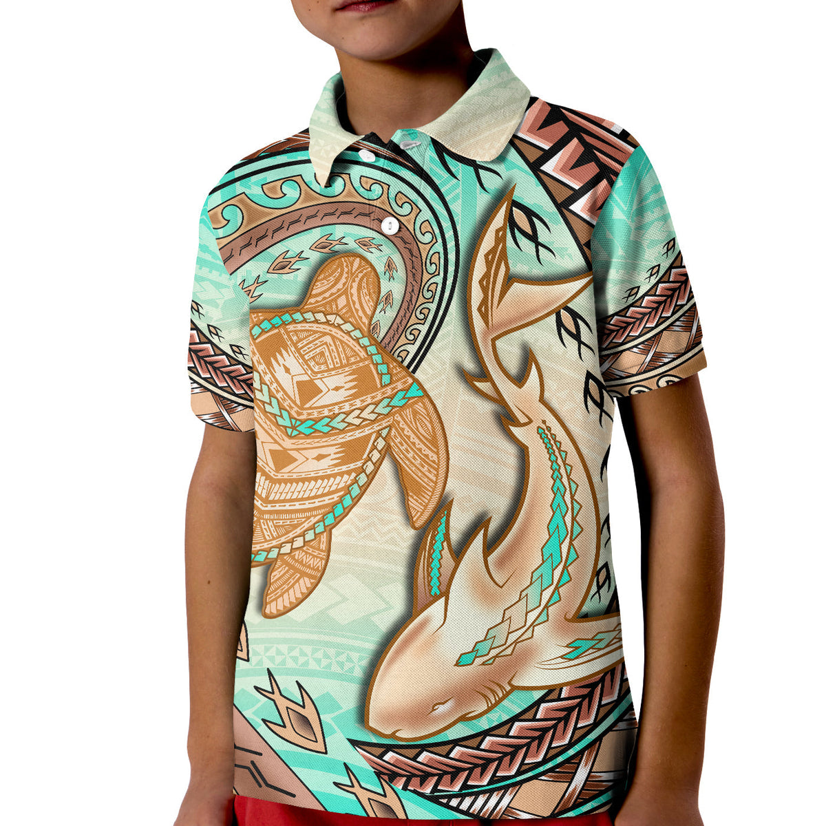 Hawaii Polo Shirt Polynesian Shark And Sea Turtle Dreamy Turquoise Artsy - Wonder Print Shop