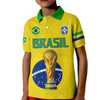 Kids yellow Brazil football polo shirt, green collar, BRASIL print and trophy graphic