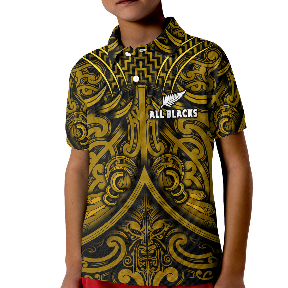 New Zealand Silver Fern Rugby Polo Shirt All Black Gold NZ Maori Pattern LT13 - Wonder Print Shop