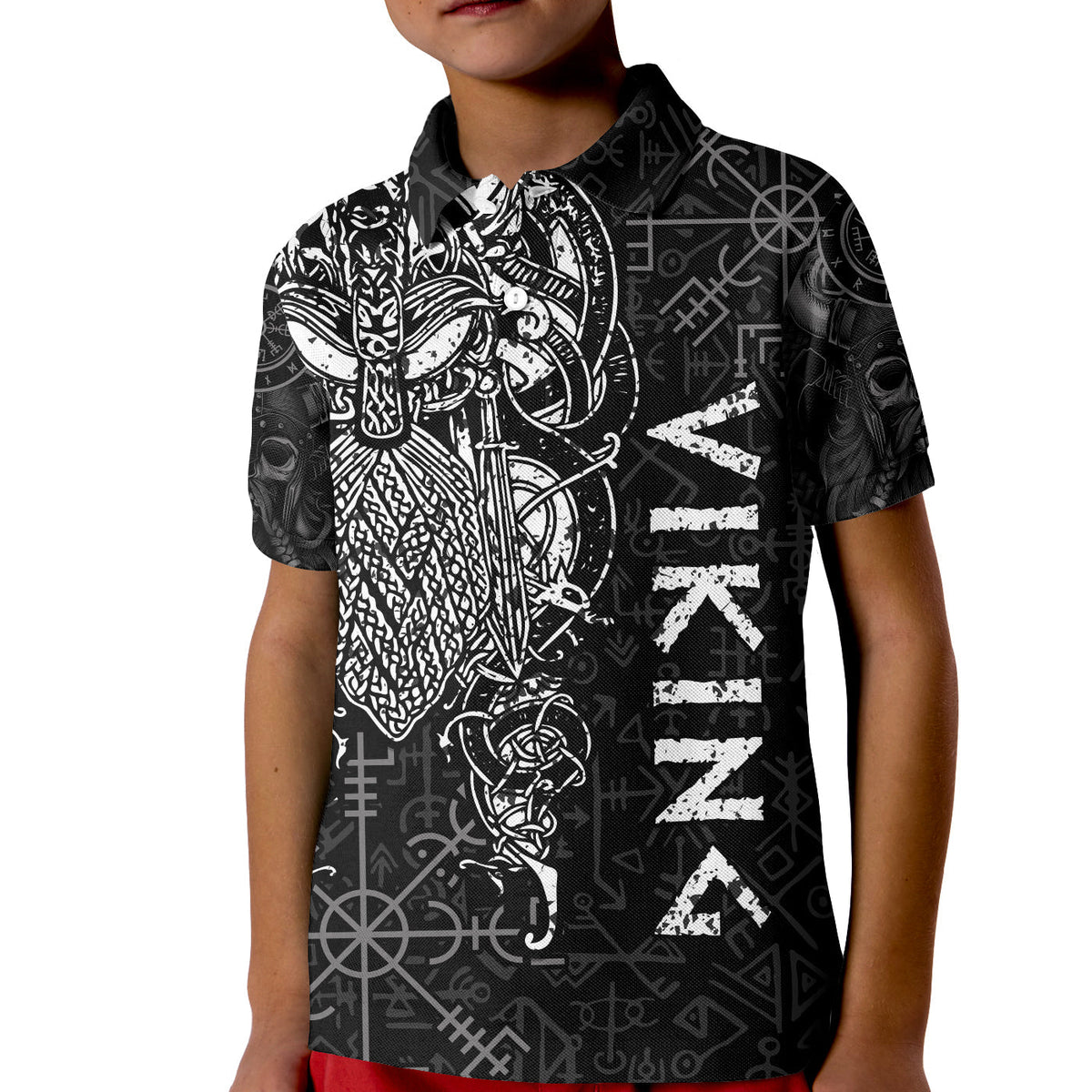 Black kids polo shirt with Odin warrior graphic and rune symbols, short sleeves