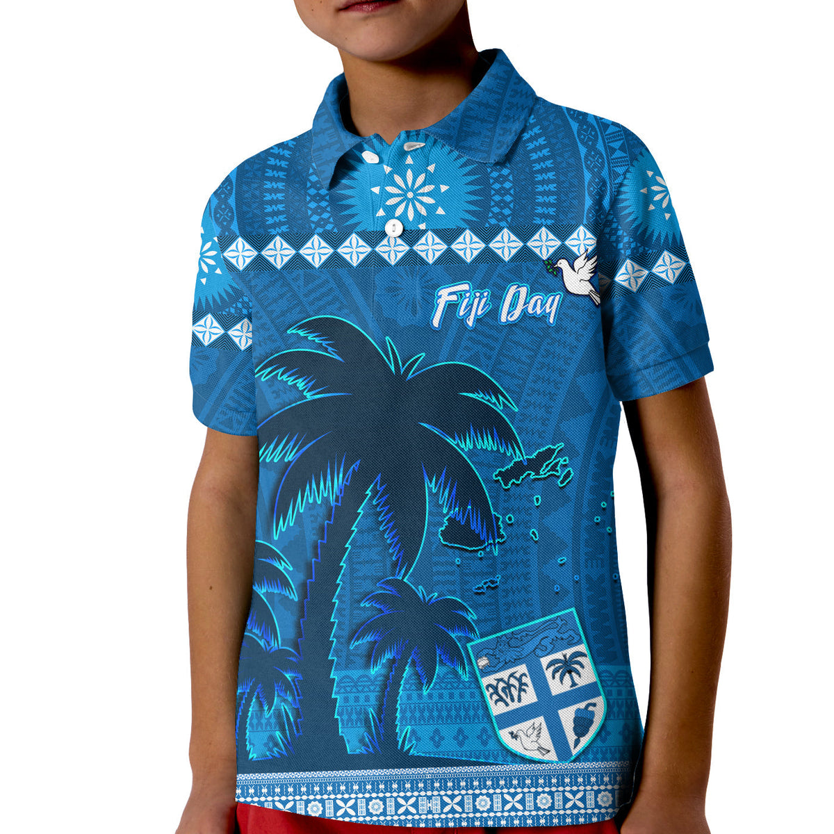 Custom Bula Fiji Day Polo Shirt KID Fijian Tapa with Palm Tree 52nd Anniversary LT13 - Wonder Print Shop