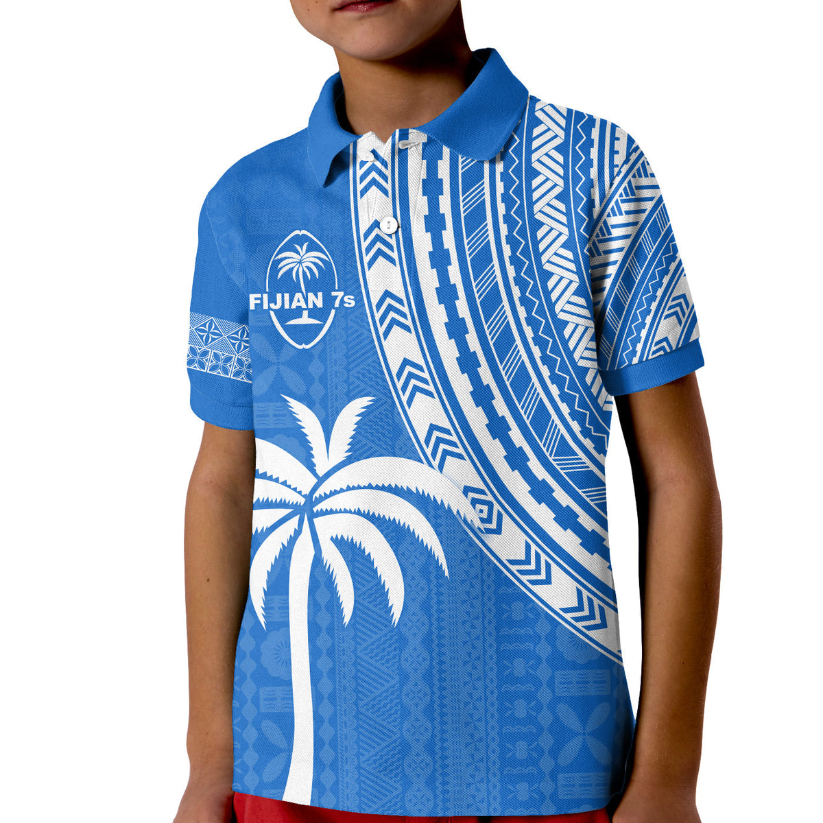 Blue rugby polo shirt with Fijian 7s crest, tapa stripes, and palm motif