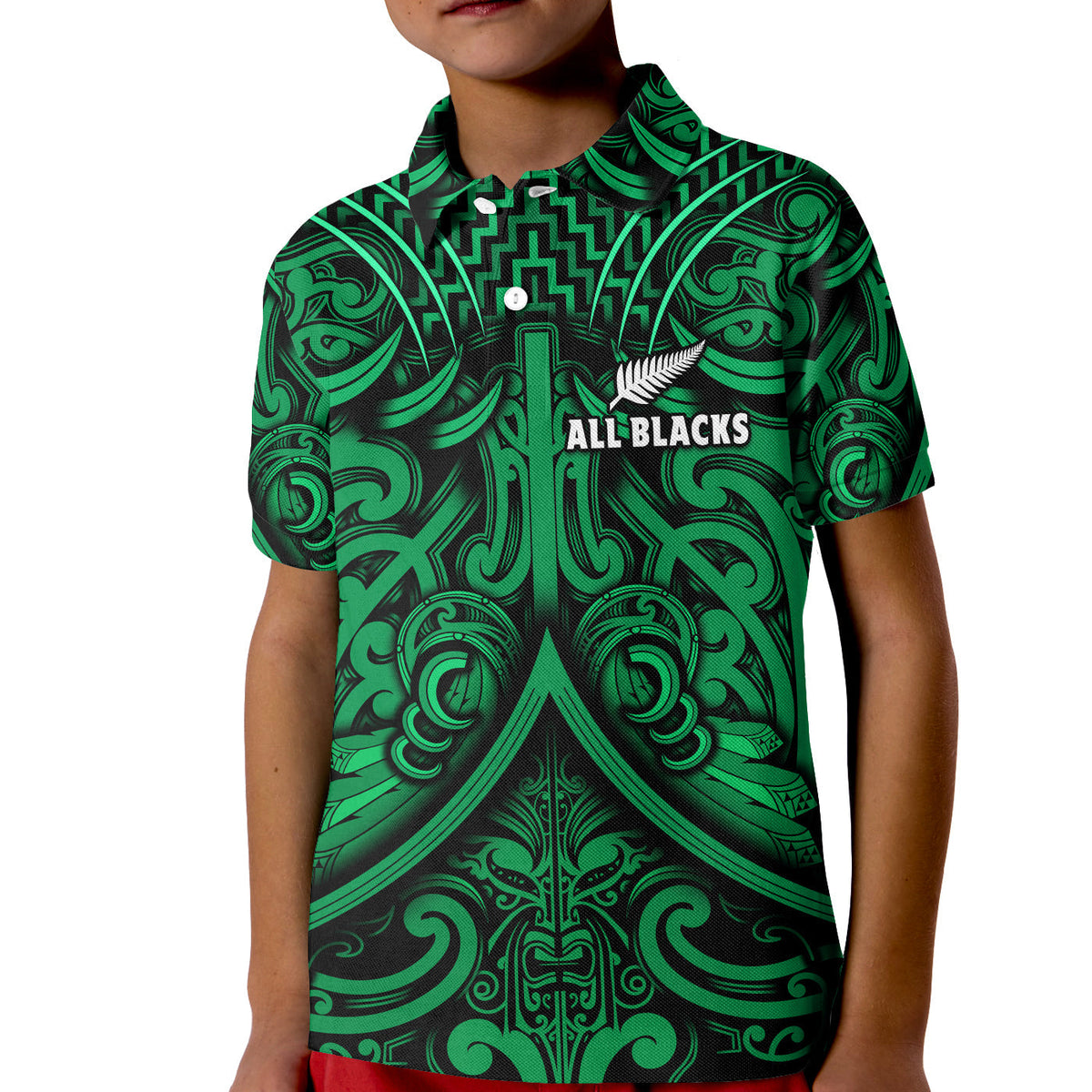 New Zealand Silver Fern Rugby Polo Shirt All Black Green NZ Maori Pattern LT13 - Wonder Print Shop