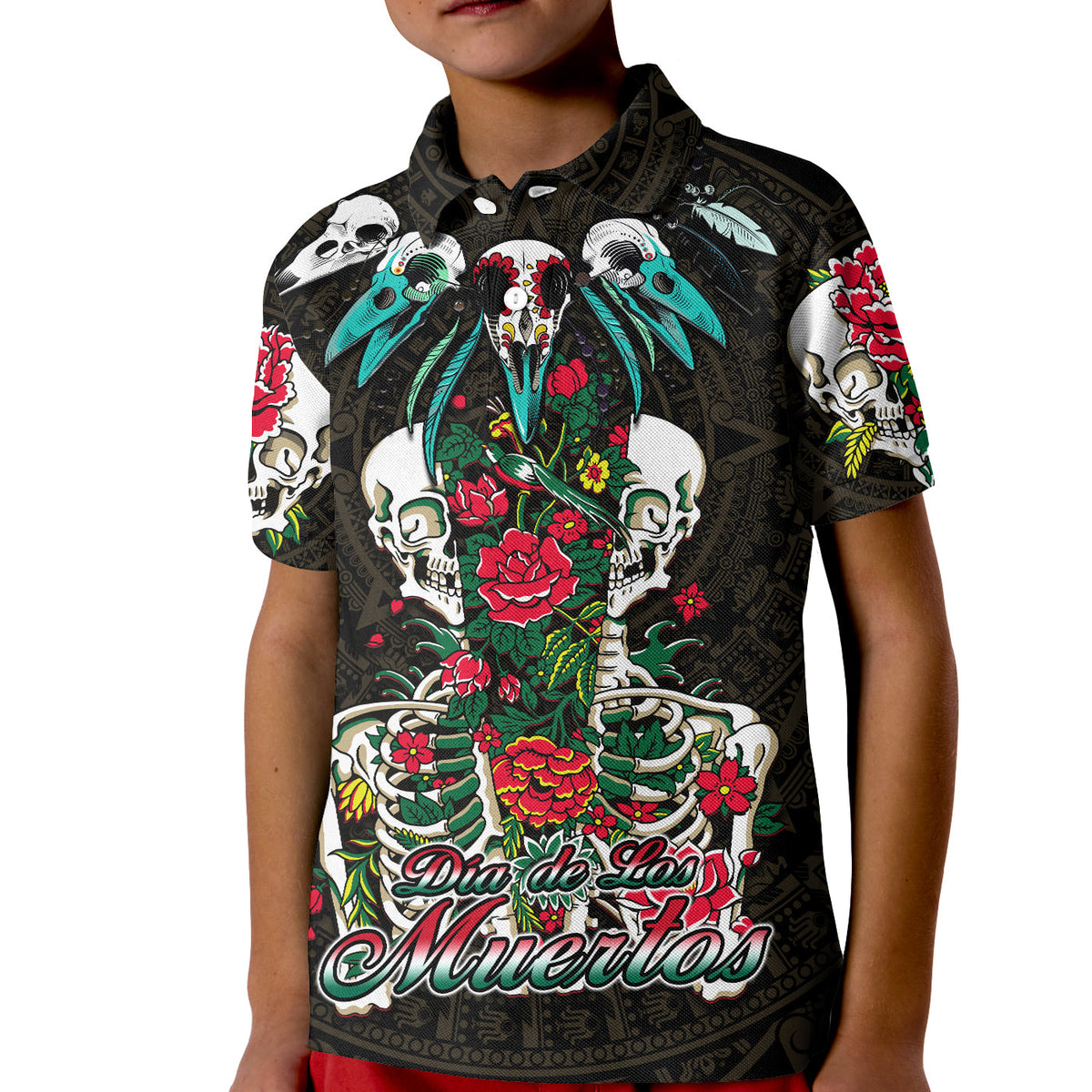 Mexico Polo Shirt KID Floral Skull Dia De Los Muertos - Wonder Print Shop