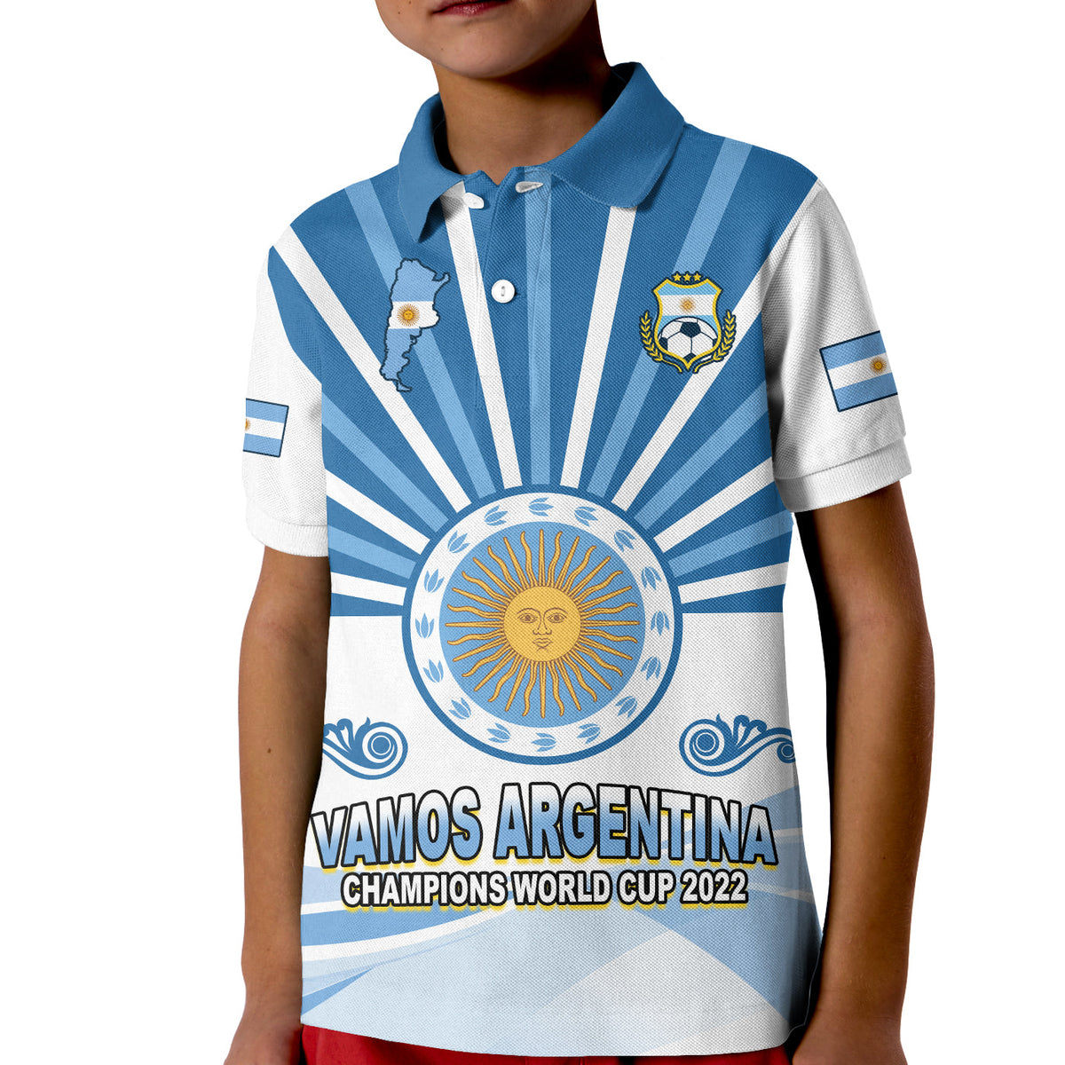 Kids Argentina football polo shirt with blue-white stripes, crest and 'Vamos Argentina' print