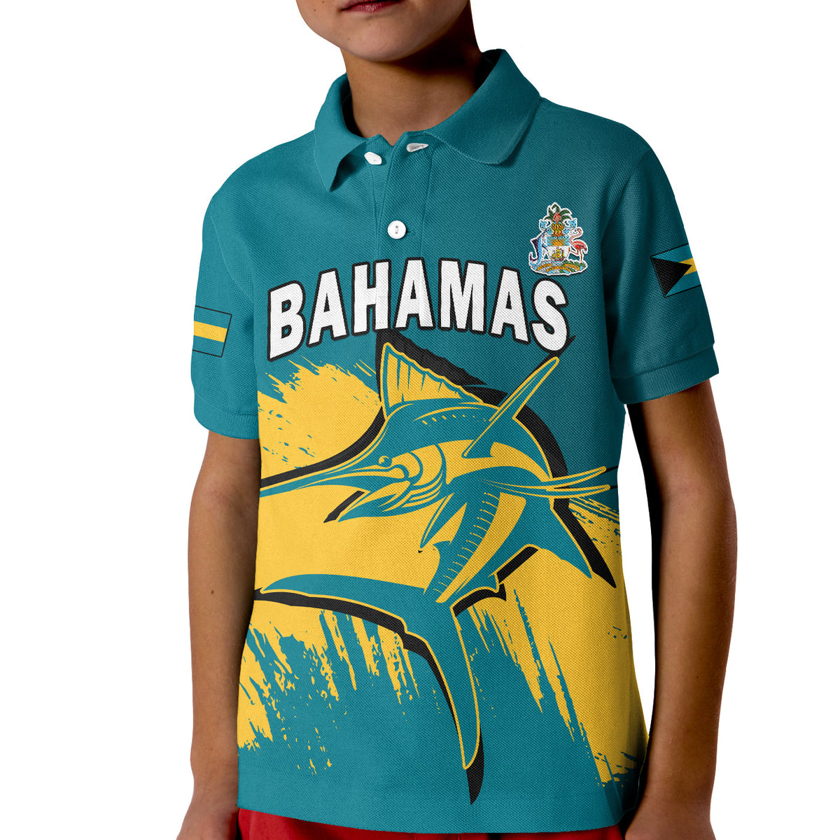Custom Bahamas Polo Shirt KID Blue Marlin With Bahamian Coat Of Arms - Wonder Print Shop