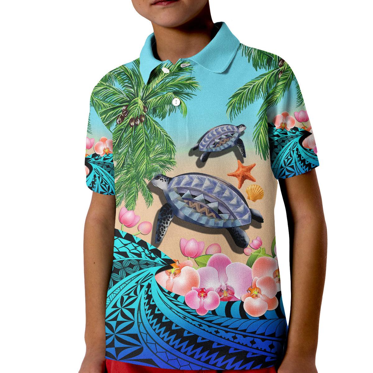 Custom Polynesian Turtle Coconut Tree And Orchids Polo Shirt KID - Wonder Print Shop