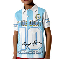 Kids football polo, light blue/white stripes, 'THE GOAT' front print with 10