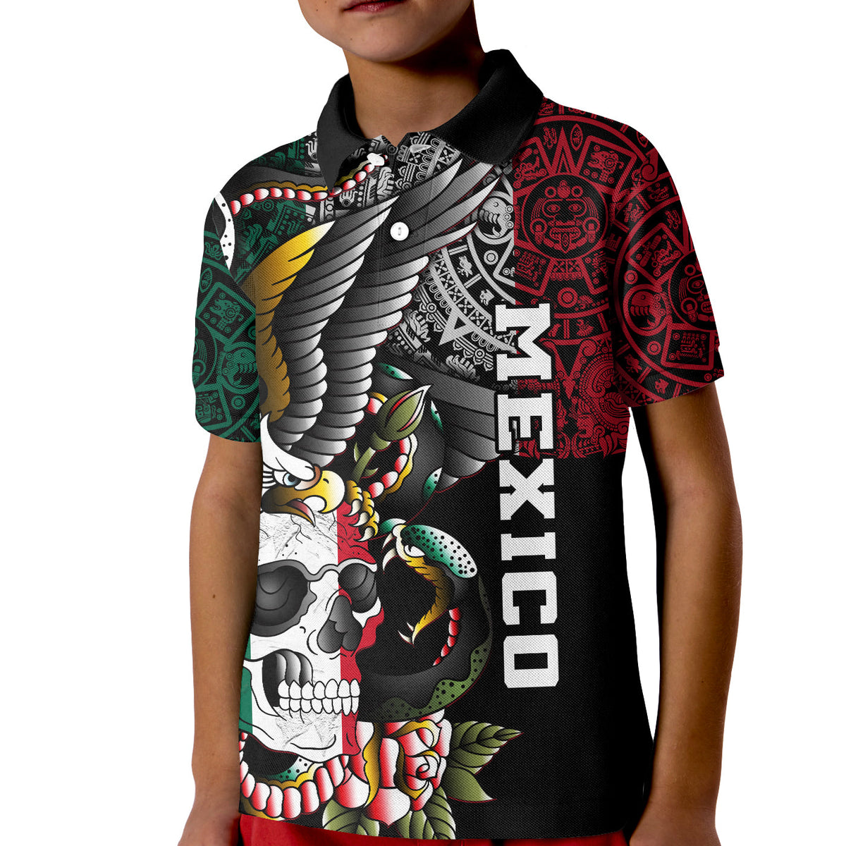 Mexico Polo Shirt KID Mexican Skull Eagle With Angry Snake - Wonder Print Shop