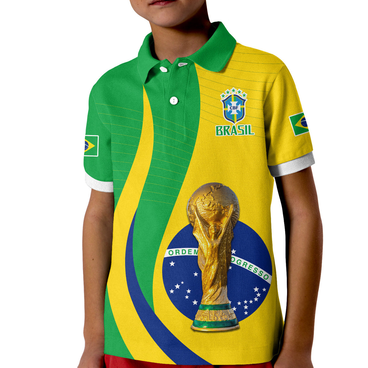 Kids polo shirt with green yellow panels, Brazil crest and gold trophy graphic, button collar