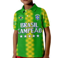 Green Brazil football polo shirt with yellow check pattern, child front BRASIL CAMPEAO graphic