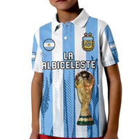 Kids Argentina football polo shirt, white and light blue stripes, AFA crest and trophy