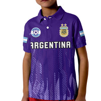 Purple kid football polo shirt with button placket, crest, and bold 'ARGENTINA' graphic